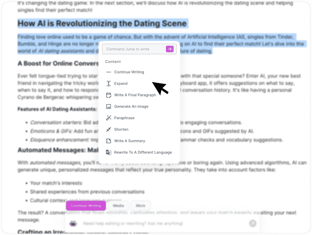 User Interface of Junia AI's AI Text Editor