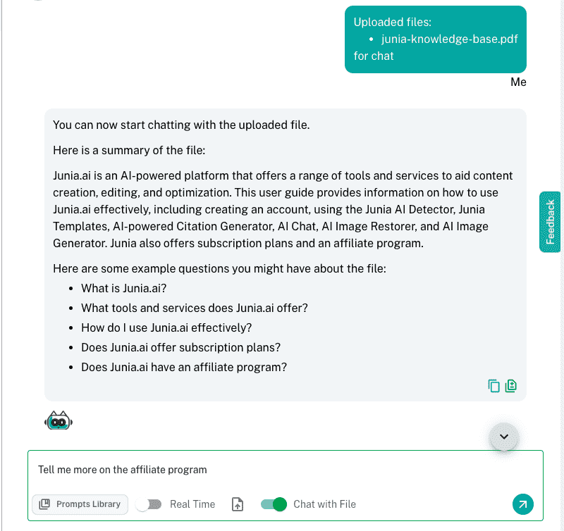 Chatting with a pdf file using Junia.ai