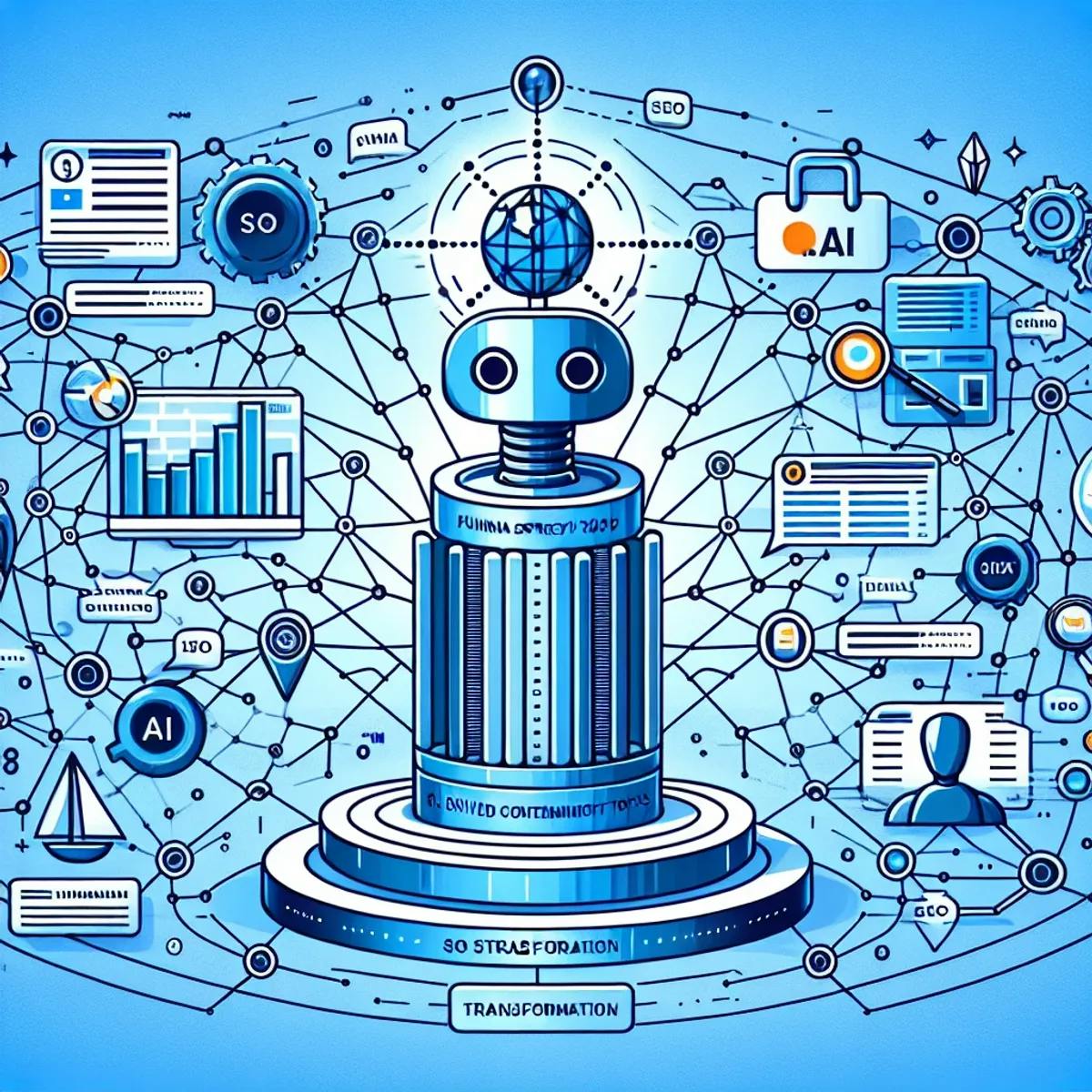 AIによるSEO戦略の変革：さまざまなユーザーのクエリや関与を象徴する相互リンクされたネットワークに囲まれた大きな柱、ロボットの手とサーフボードのような象徴的なツールもAIがSEOで使用されることを表しています。