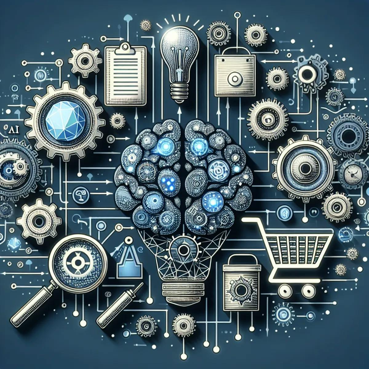 A digital brain connected to gears, a magnifying glass, a cart, and a light bulb to symbolize AI content generation in e-commerce SEO.
