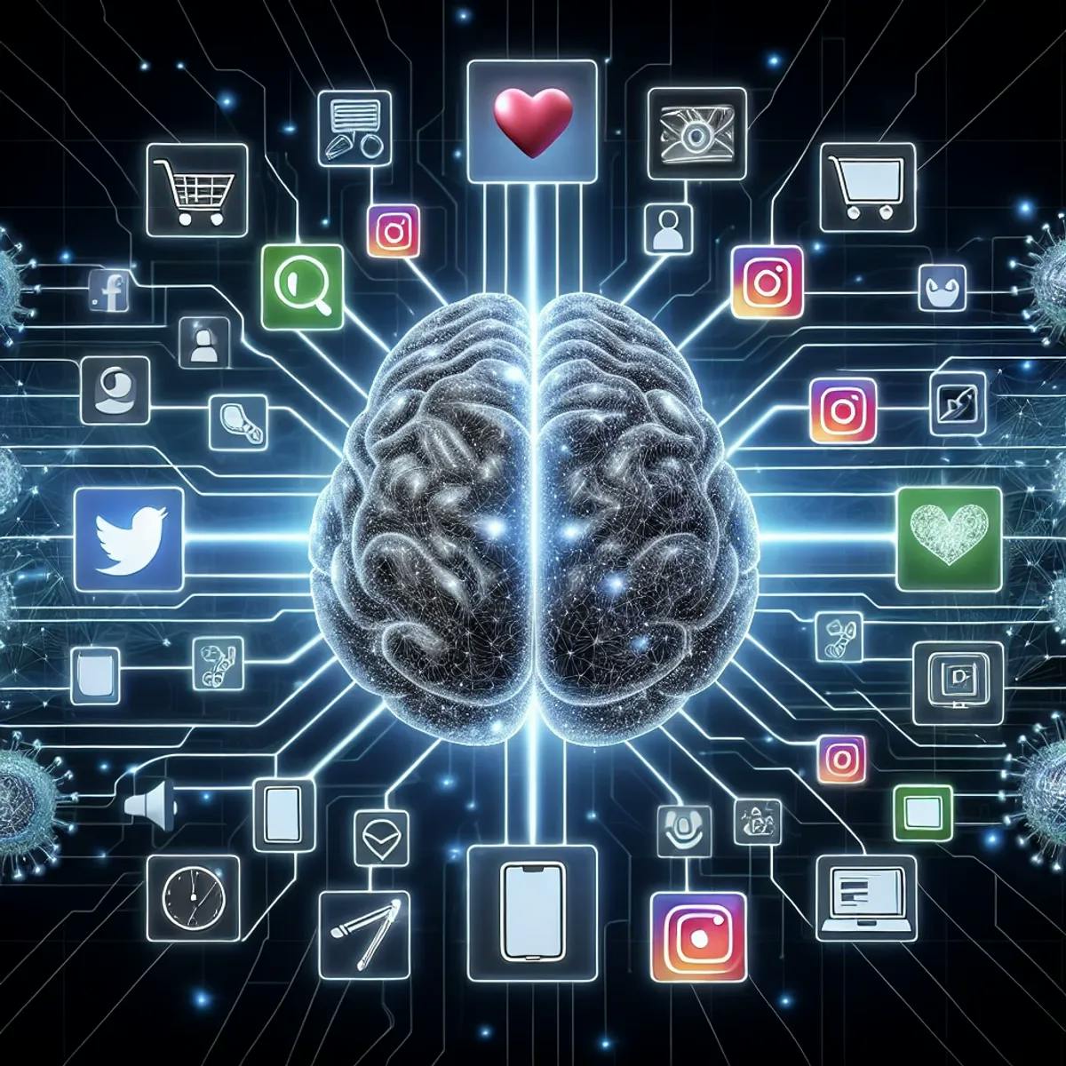 A large brain at the center represents Artificial Intelligence, from which various digital platforms such as social media, e-commerce, and blogging are radiating.