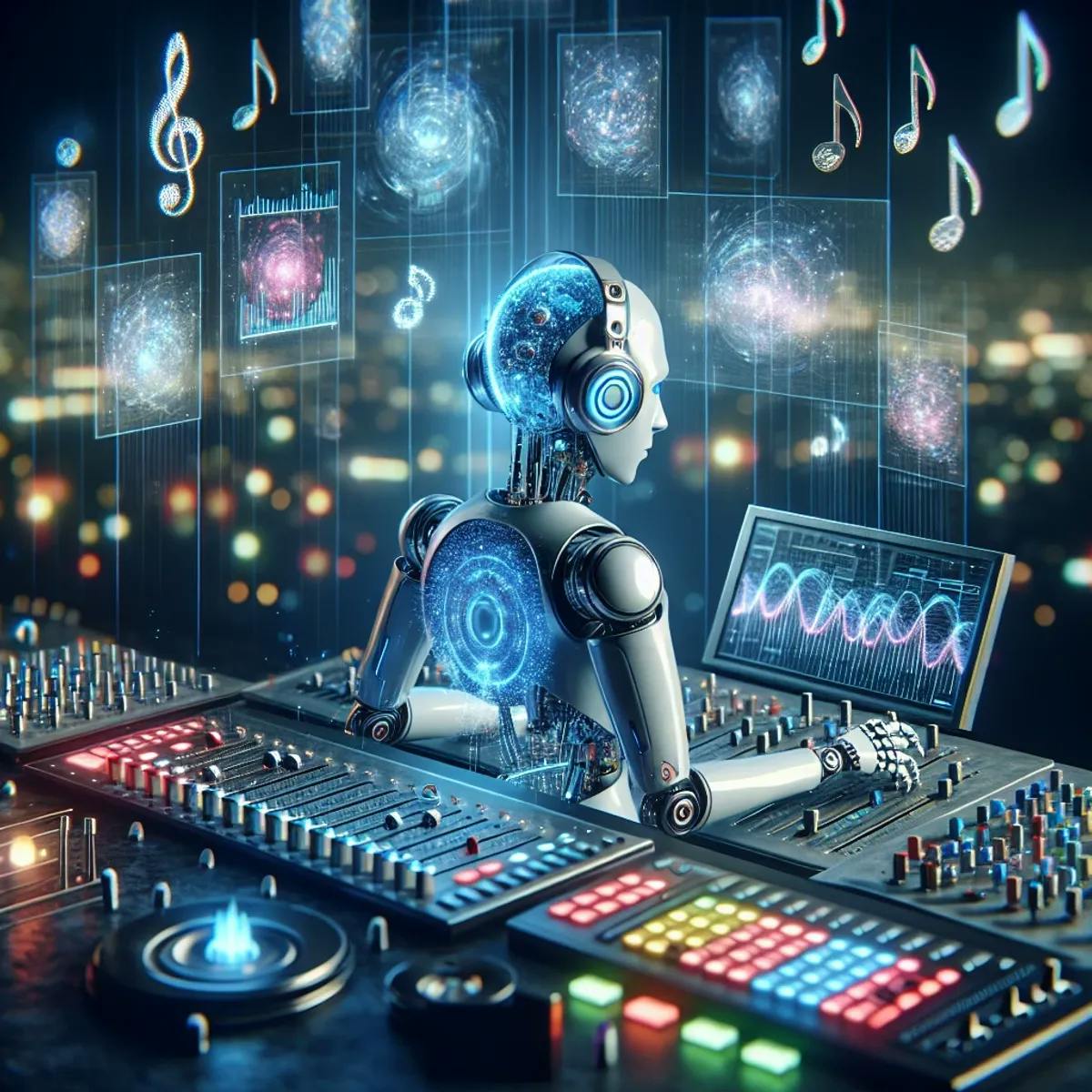 A silver humanoid robot with glowing blue eyes sits at a modern electronic music mixer surrounded by floating holographic screens displaying abstract waveforms and notes, while transparent musical notes drift upwards on both sides. In the background, a futuristic cityscape twinkles.