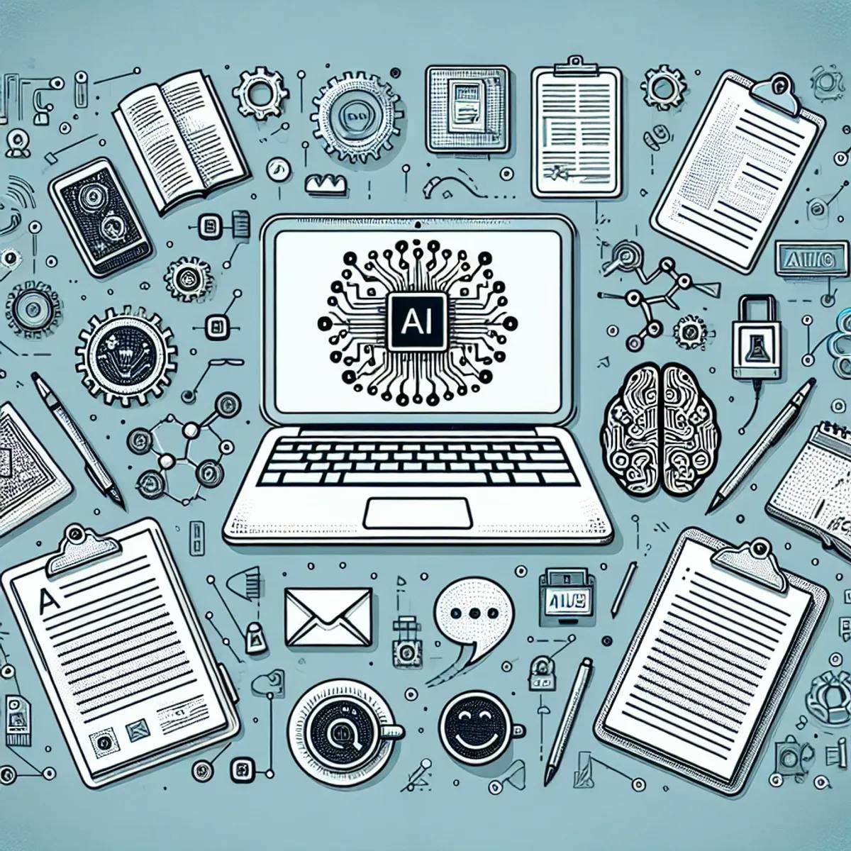 A laptop on a desk displaying symbols of artificial intelligence, surrounded by a folded newspaper, a clipboard, a speech bubble, and a book.