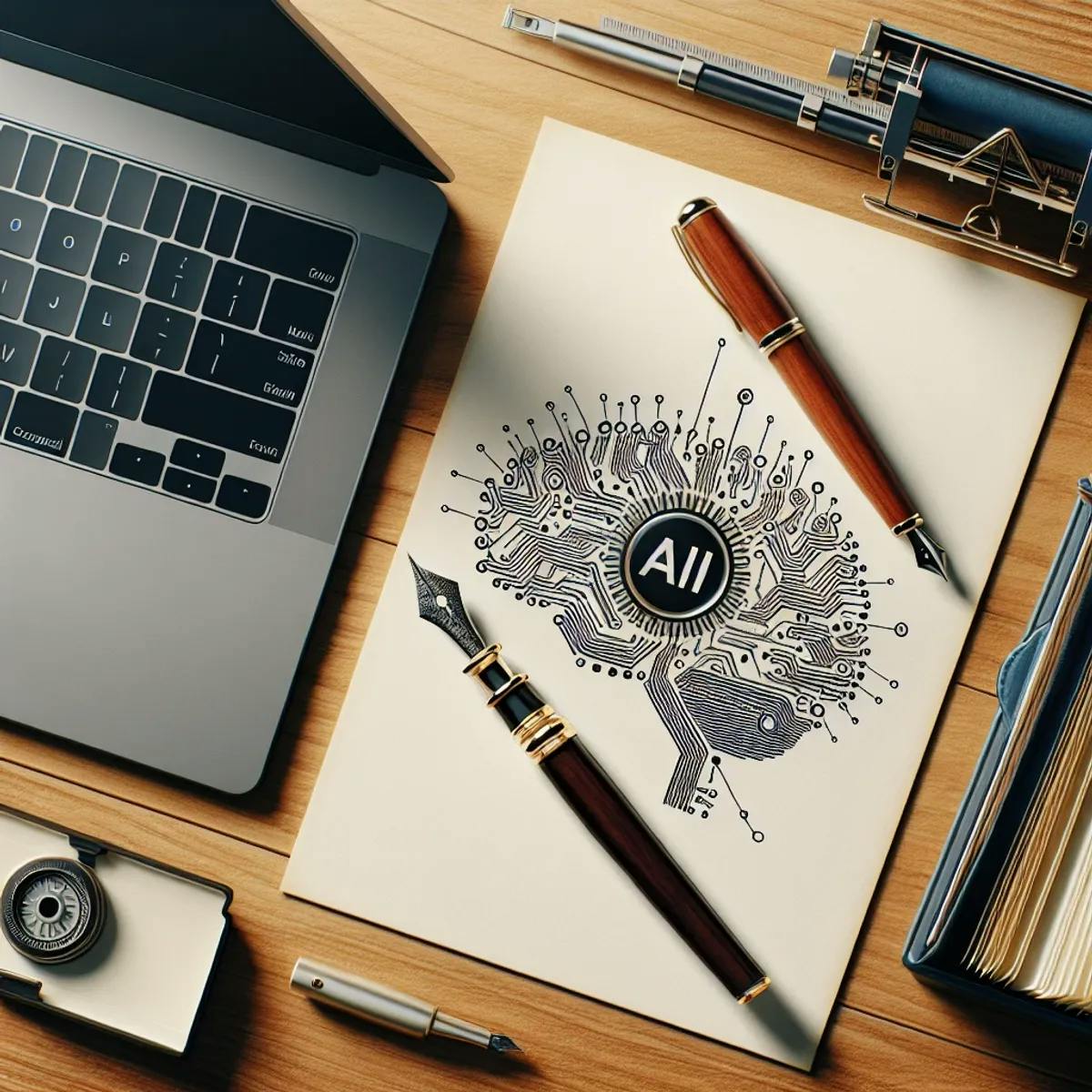 A sleek laptop with an abstract brain circuit pattern on the screen next to a classic fountain pen on a blank sheet of paper on an oak desk.