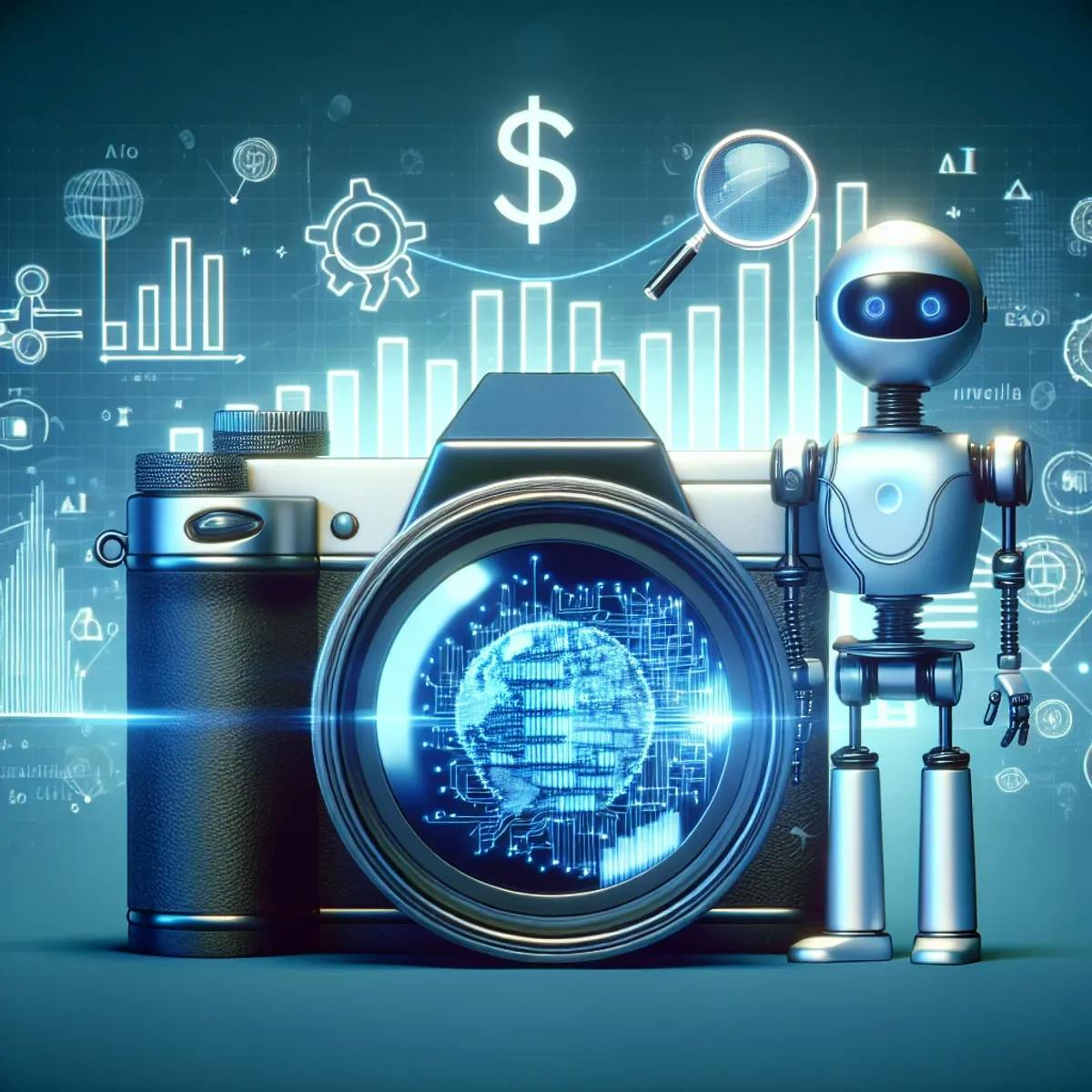 AI SEO for photographers: A digital camera with a lens reflecting complex algorithms and bar graphs symbolizing SEO, with an AI robot in the background holding a magnifying glass.