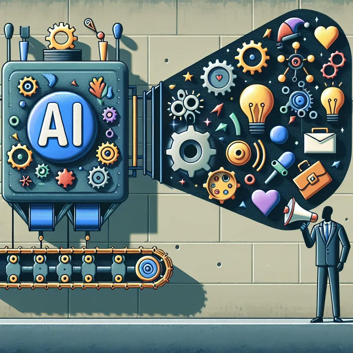 AI writing and brand voice: A large machine with a conveyor belt, creative gears, cogs, and an abstract figure next to it holding a megaphone projecting symbols representing unique brand voices like a playful jester's hat, a serious briefcase, a compassionate heart, and a quirky star.