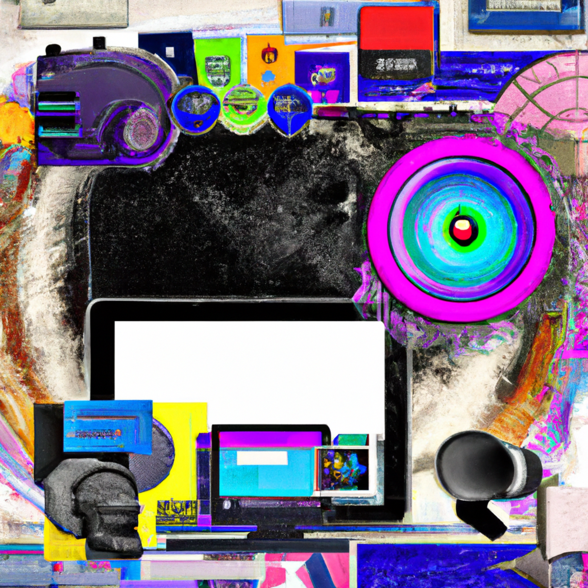 Abstract digital art of a computer screen with various tools and colors, symbolizing image generators for blogs.