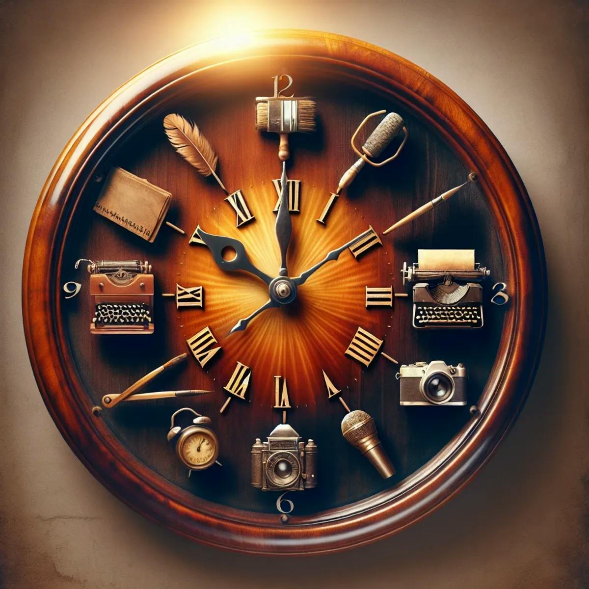 An antique analog clock with content creation symbols for the hours, symbolizing the ability to write more content in less time.