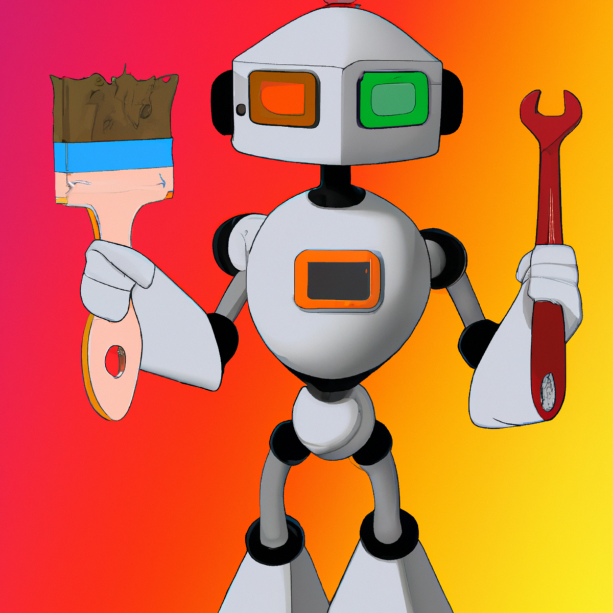 A vibrant digital art representation of a website builder robot holding a paintbrush and a wrench, symbolizing the combination of creativity and technical expertise.