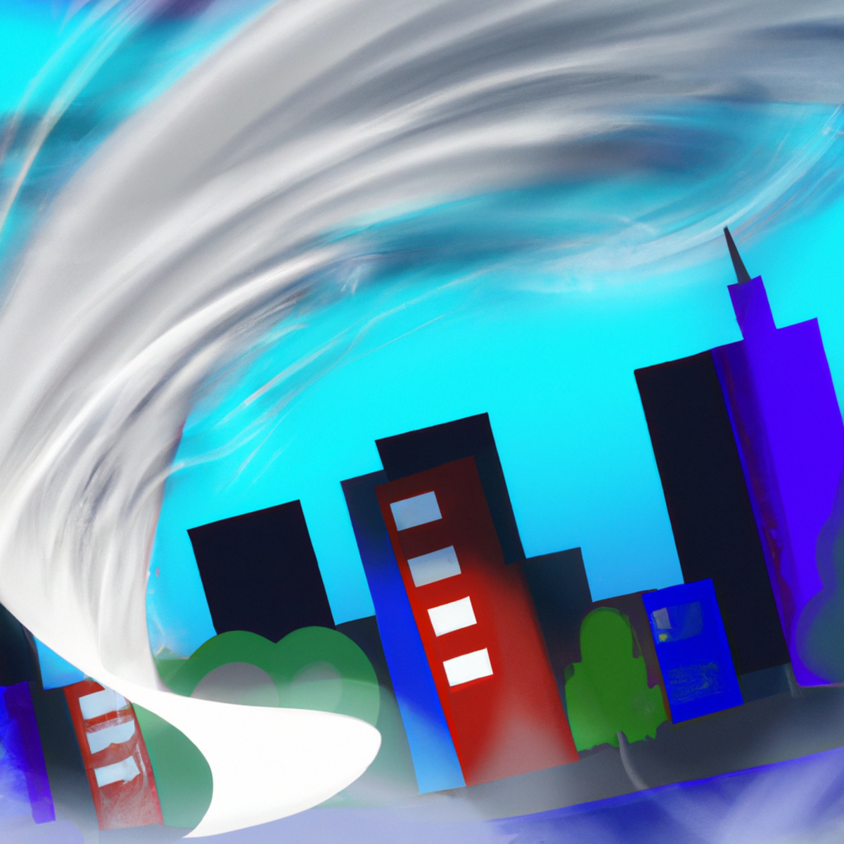 A digital art representation of a tornado sweeping through a city, symbolizing the Google Helpful Content Update causing many websites' sudden traffic loss.