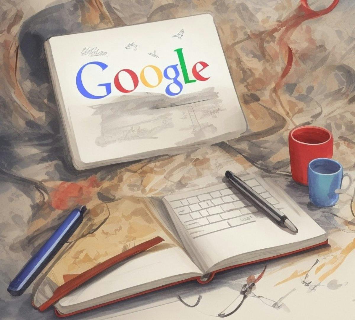 A drawing of a laptop with a google logo on it.	