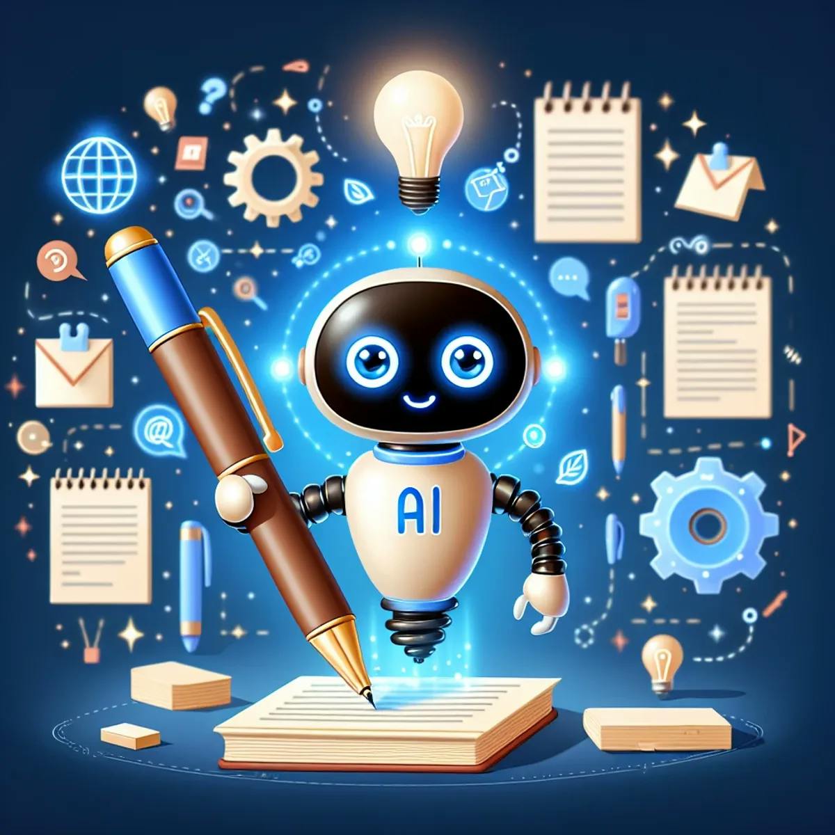 An AI character holding a stylized pen, surrounded by symbols of a light bulb, notepad, and gear.