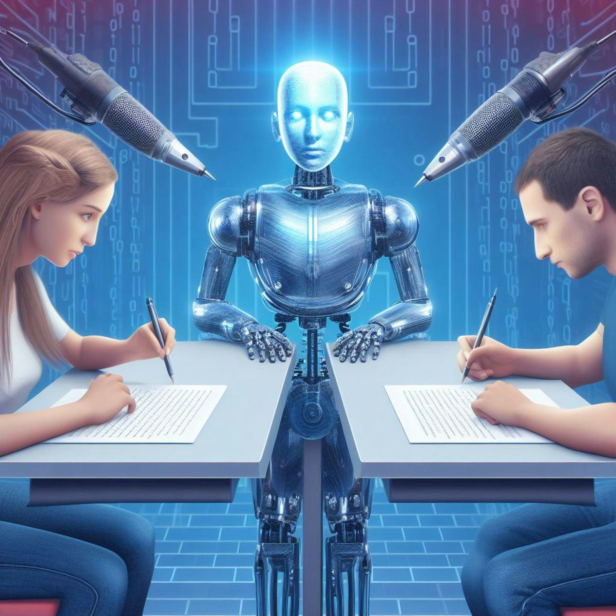  A human writer and an AI writer competing in a writing contest, with the AI writer having an edge over the human writer
