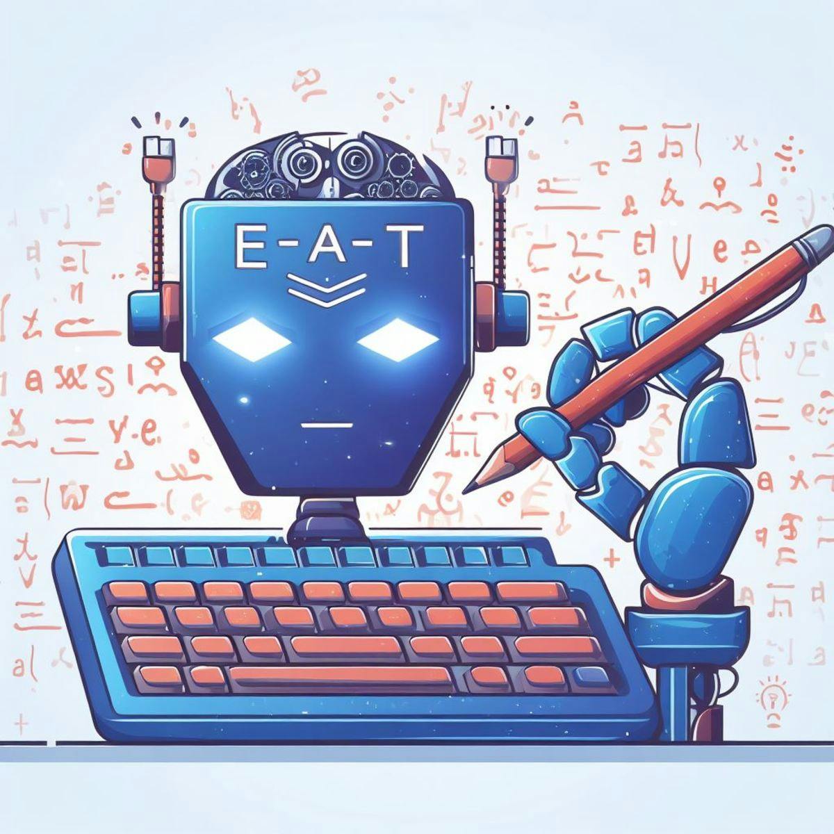 A robot with "E-A-T" written on its forehead, surrounded by AI writing tools.