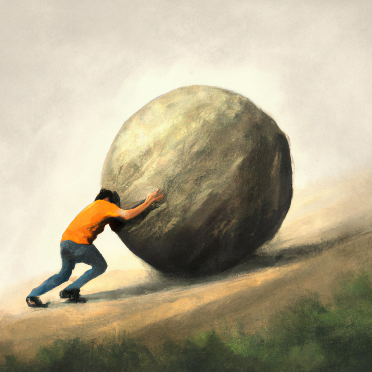 A person pushing a large boulder uphill, symbolizing the effort required for successful SEO.