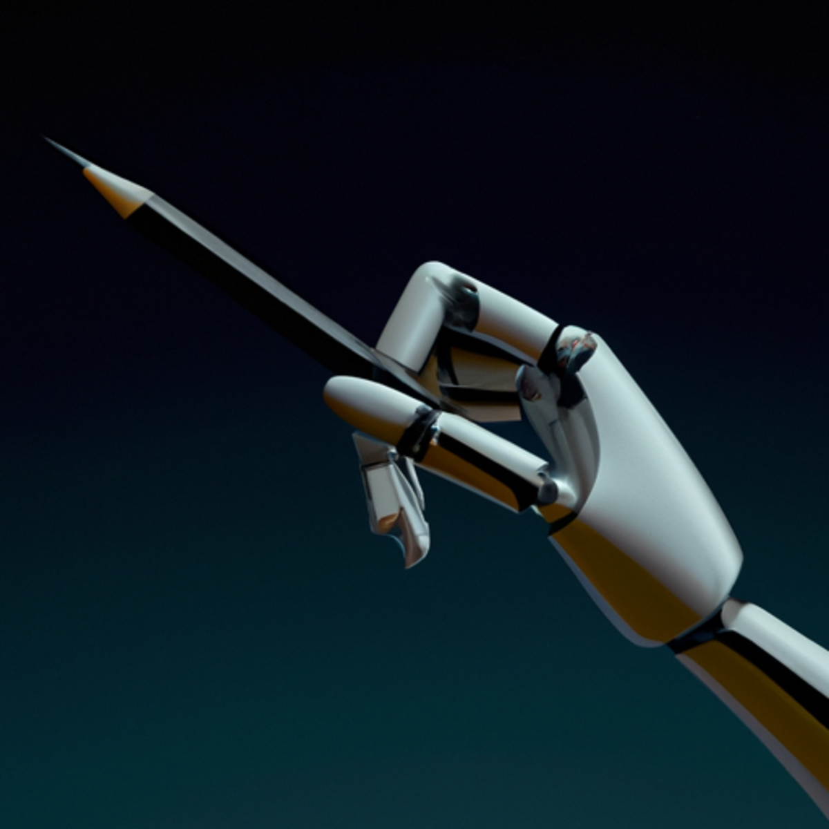 A digital art representation of a futuristic robot hand holding a pen, symbolizing AI writing tools.