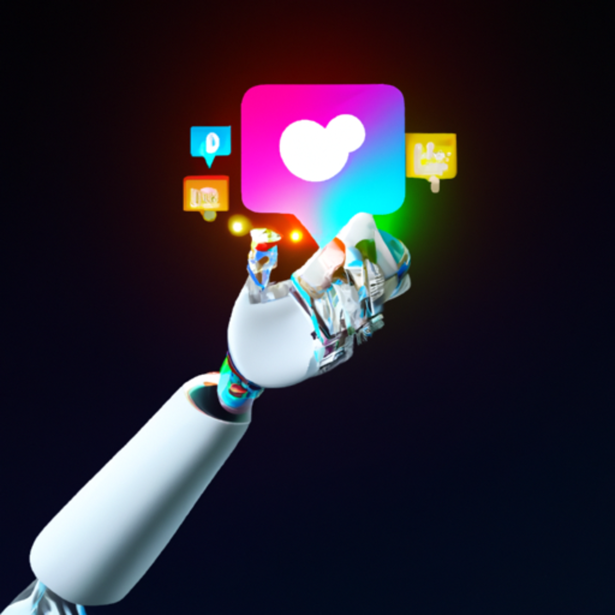 Abstract digital art of a robot hand holding a social media icon, symbolizing the role of AI in social media marketing.