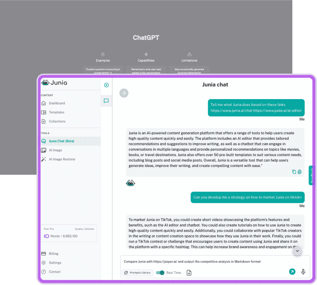 An infographic on JuniaChat VS ChatGPT as a ChatGPT alternative for writing